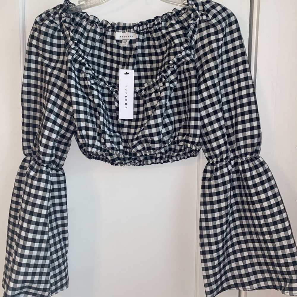 Topshop Ultra Cropped Gingham Women’s Bell Sleeved Top